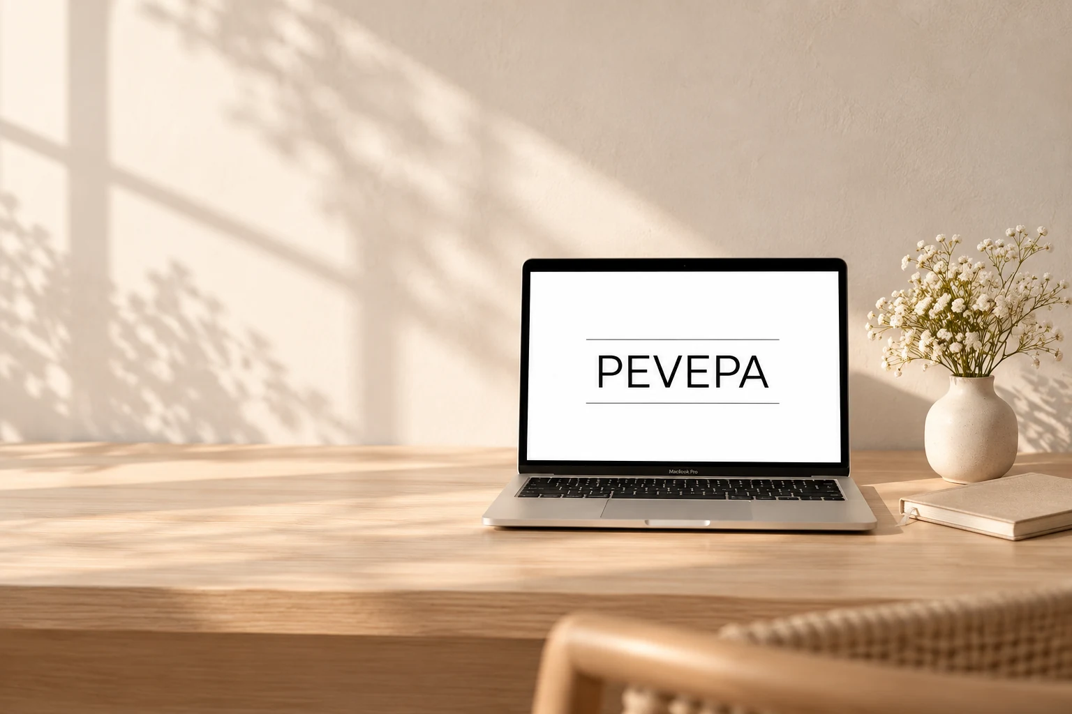 Notebook s logem PEVEPA na světlém pracovním stole